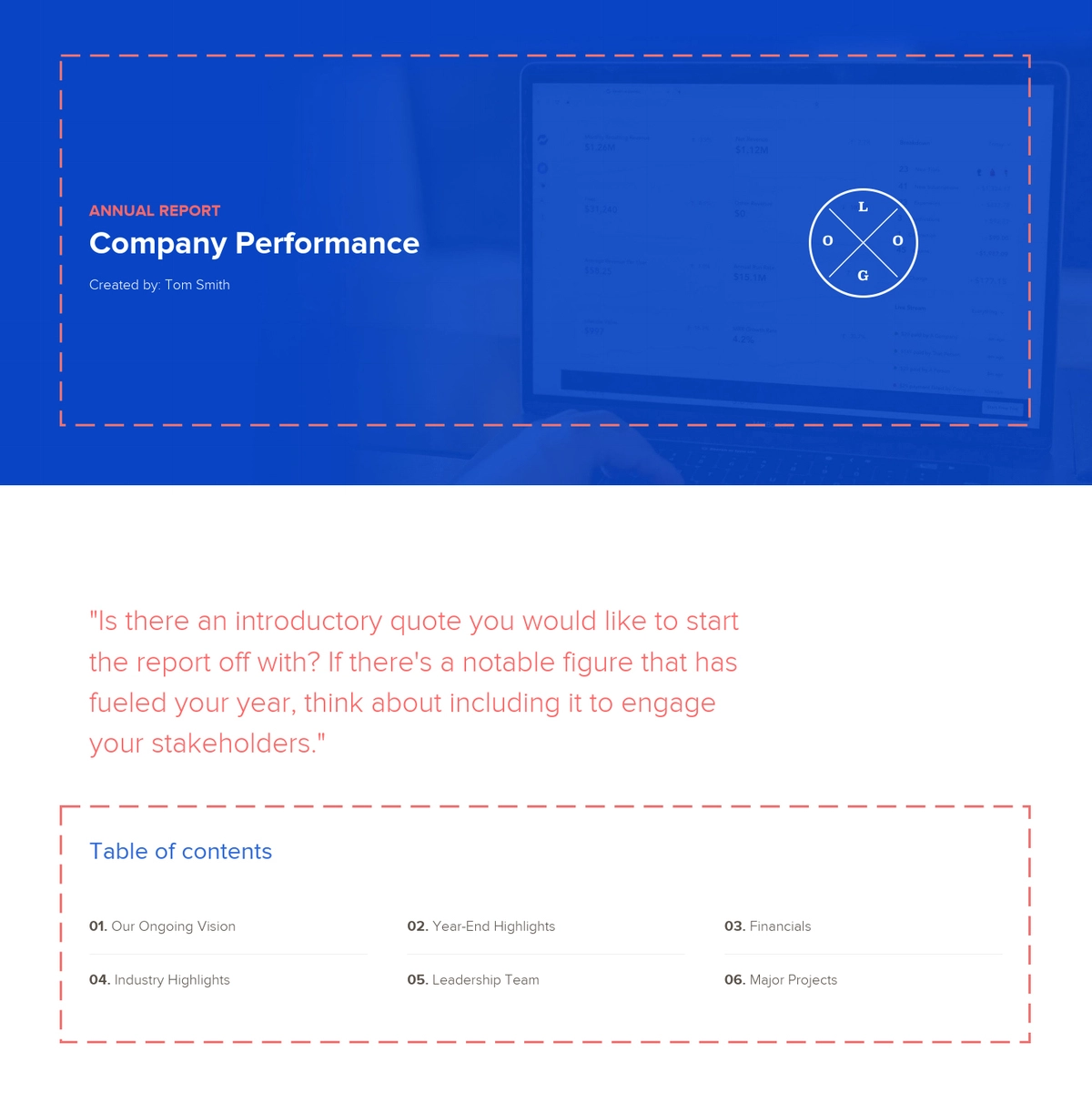 Header And Table Of Contents, Annual Report Template
