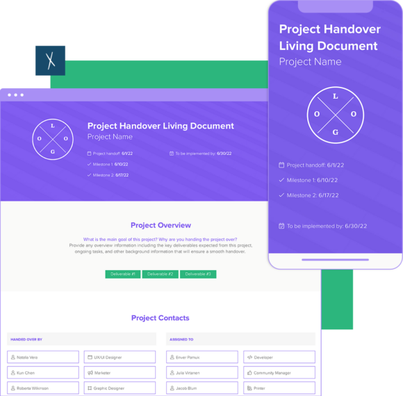 Click To Create Your Free Project Handover Living Document! Project Handover Living Document Template | Desktop And Mobile Views