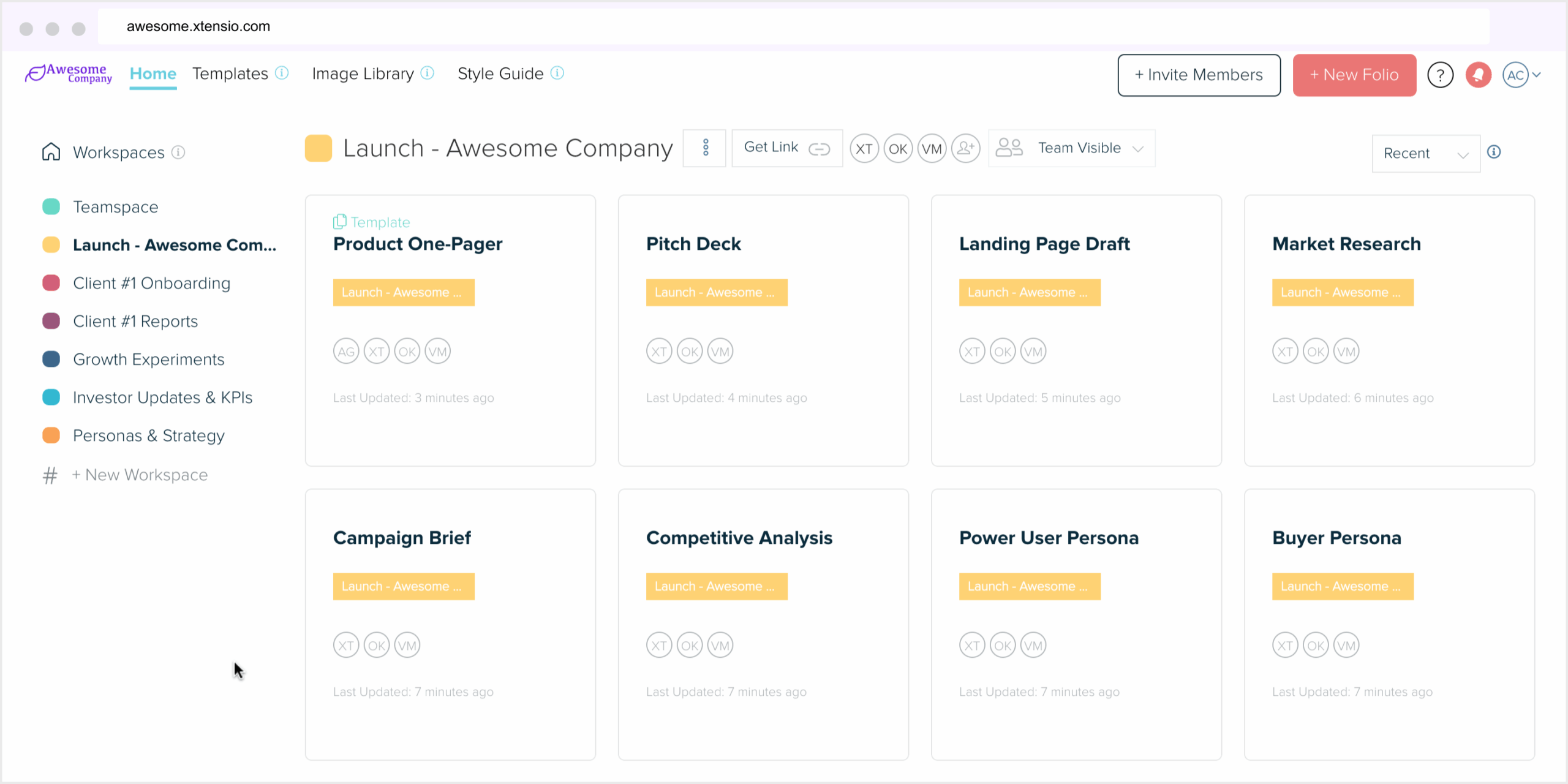 Xtensio Ai Workspace Showing Personas, Pitch Decks, One-Pagers, And Strategy Folios.